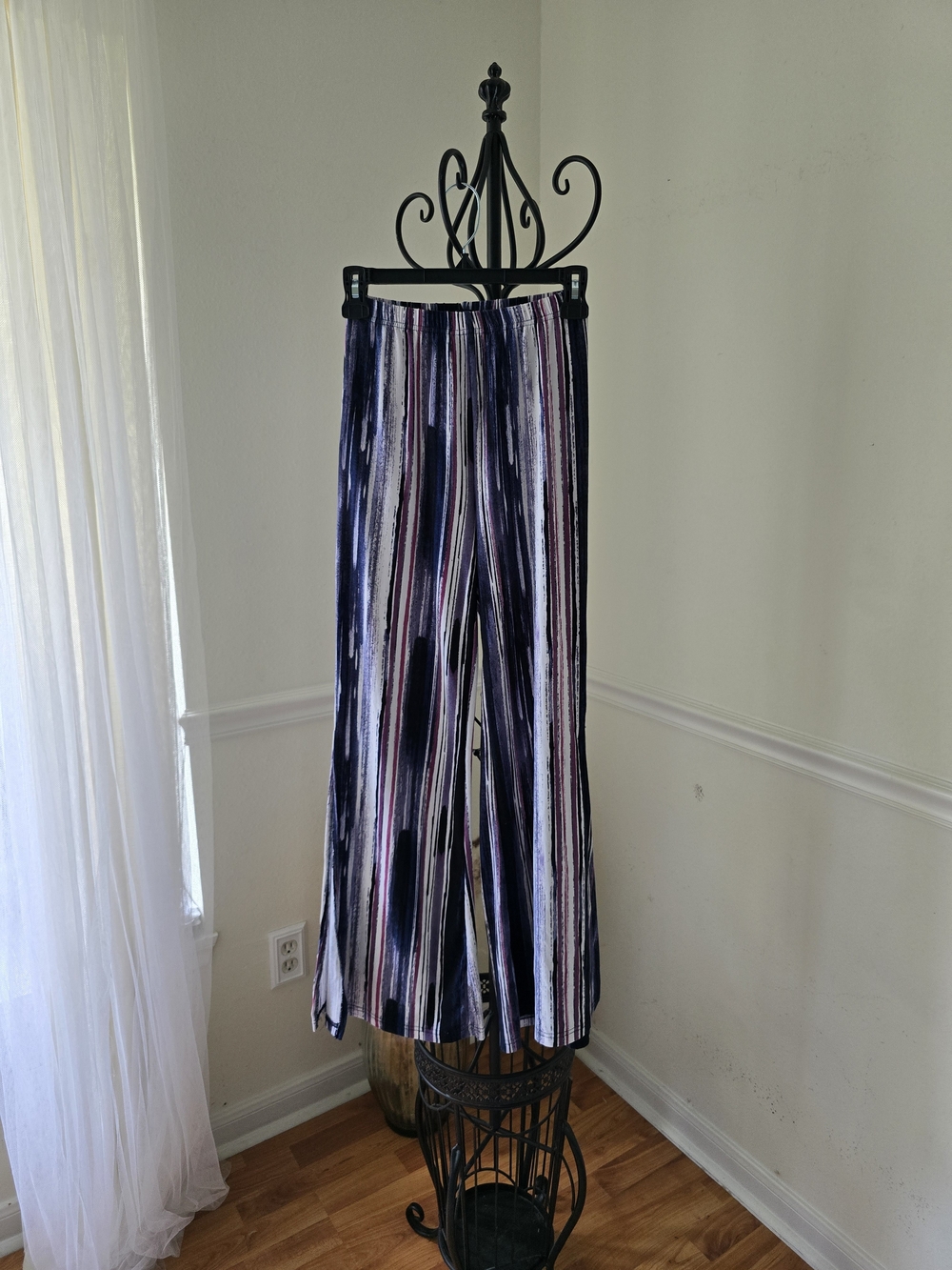 Striped Wide-Leg Open Flare Lounge Pants in Navy, White & Pink